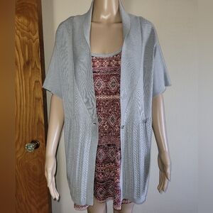 Susan Lawrence Light Gray Open Knit Shawl Collar Cardigan